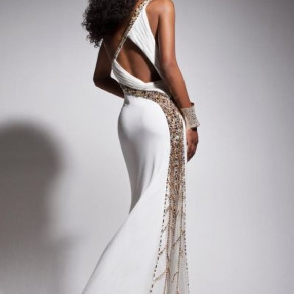 Tony Bowls White Gold Evening Prom Gown Size 10 - Picture 2 of 14